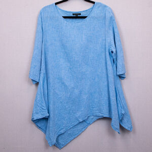 For Cynthia light blue linen blend asymmetrical hem lagenlook tunic top-L